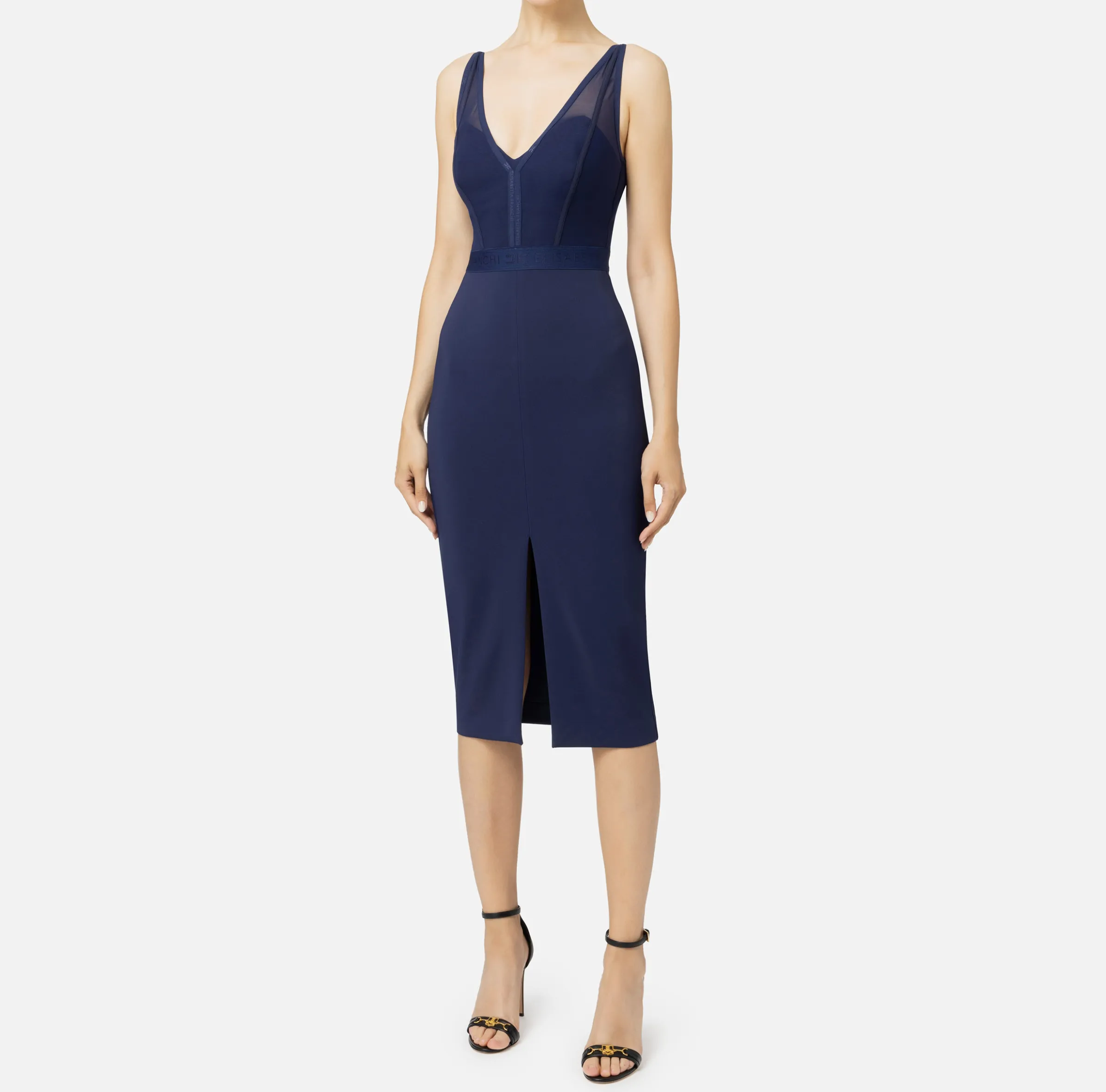 Abito midi con top bustier in tulle e crêpe