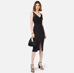 Abito midi con top bustier in tulle e crêpe