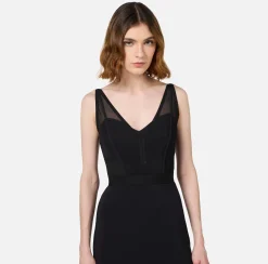 Abito midi con top bustier in tulle e crêpe