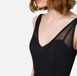 Abito midi con top bustier in tulle e crêpe