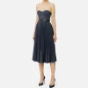Abito midi in fresco lana mélange con gonna plissé e cintura