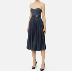 Abito midi in fresco lana mélange con gonna plissé e cintura
