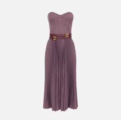 Abito midi in fresco lana mélange con gonna plissé e cintura