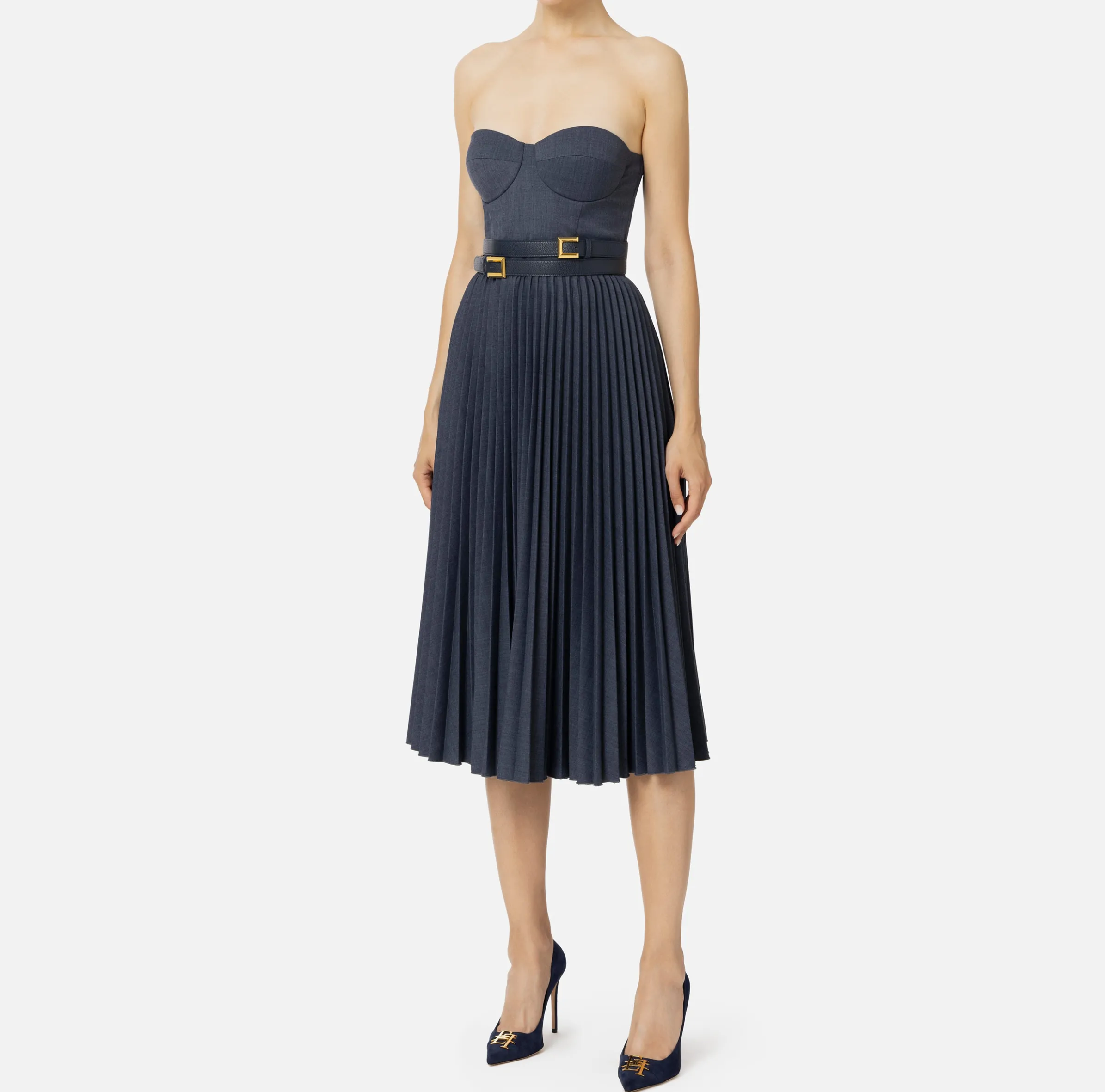 Abito midi in fresco lana mélange con gonna plissé e cintura