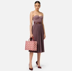 Abito midi in fresco lana mélange con gonna plissé e cintura