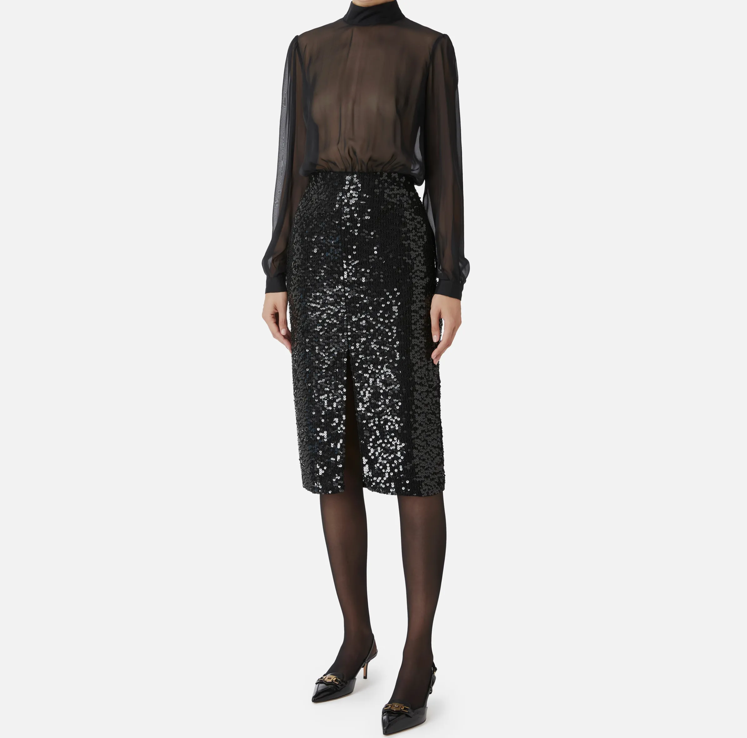 Abito midi in georgette di seta ricamata con paillettes