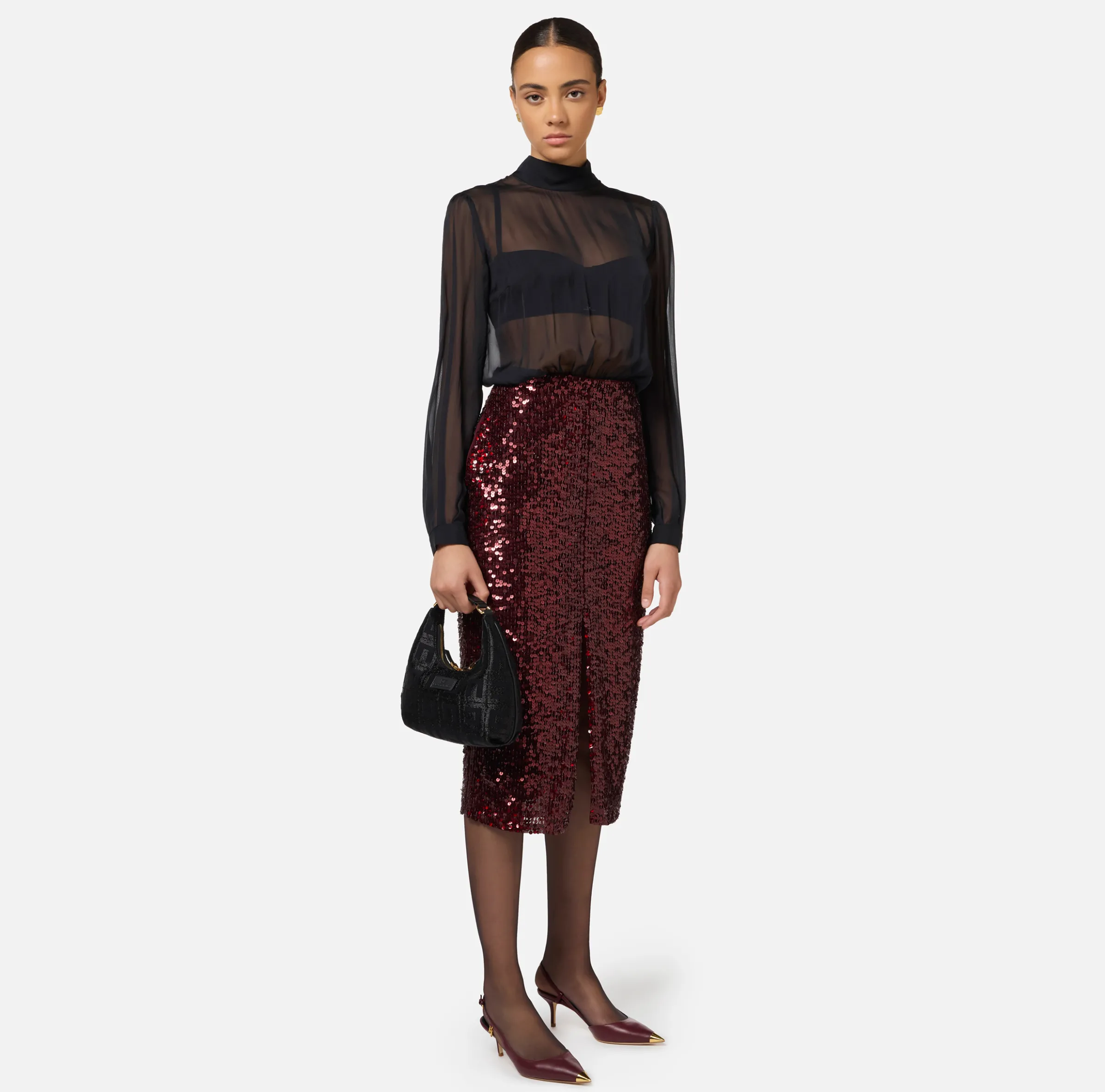 Abito midi in georgette di seta ricamata con paillettes