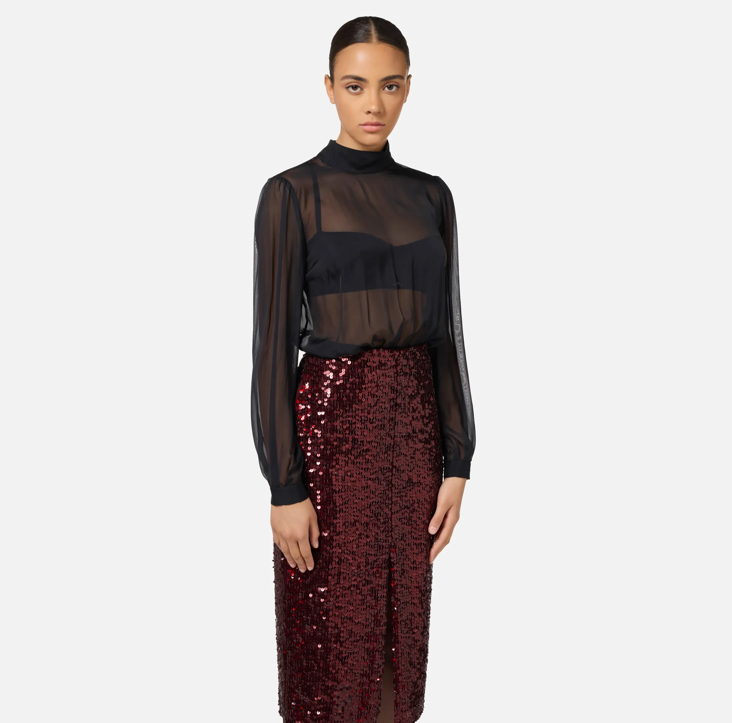 Abito midi in georgette di seta ricamata con paillettes
