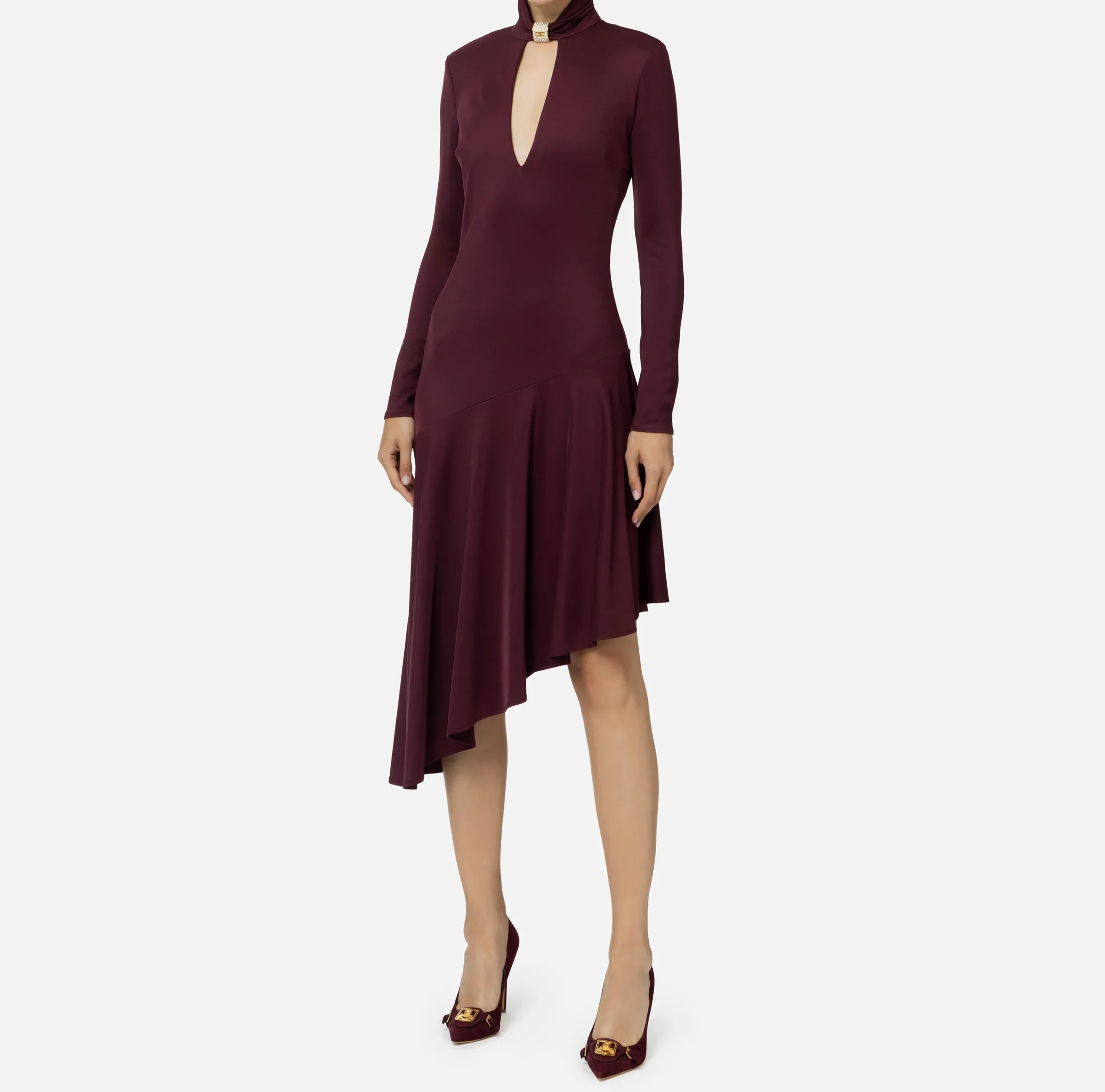 Abito midi in jersey con accessorio gioiello