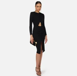 Abito midi in jersey lucido con drappeggio
