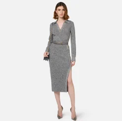 Abito midi in lana mouliné con patch logo