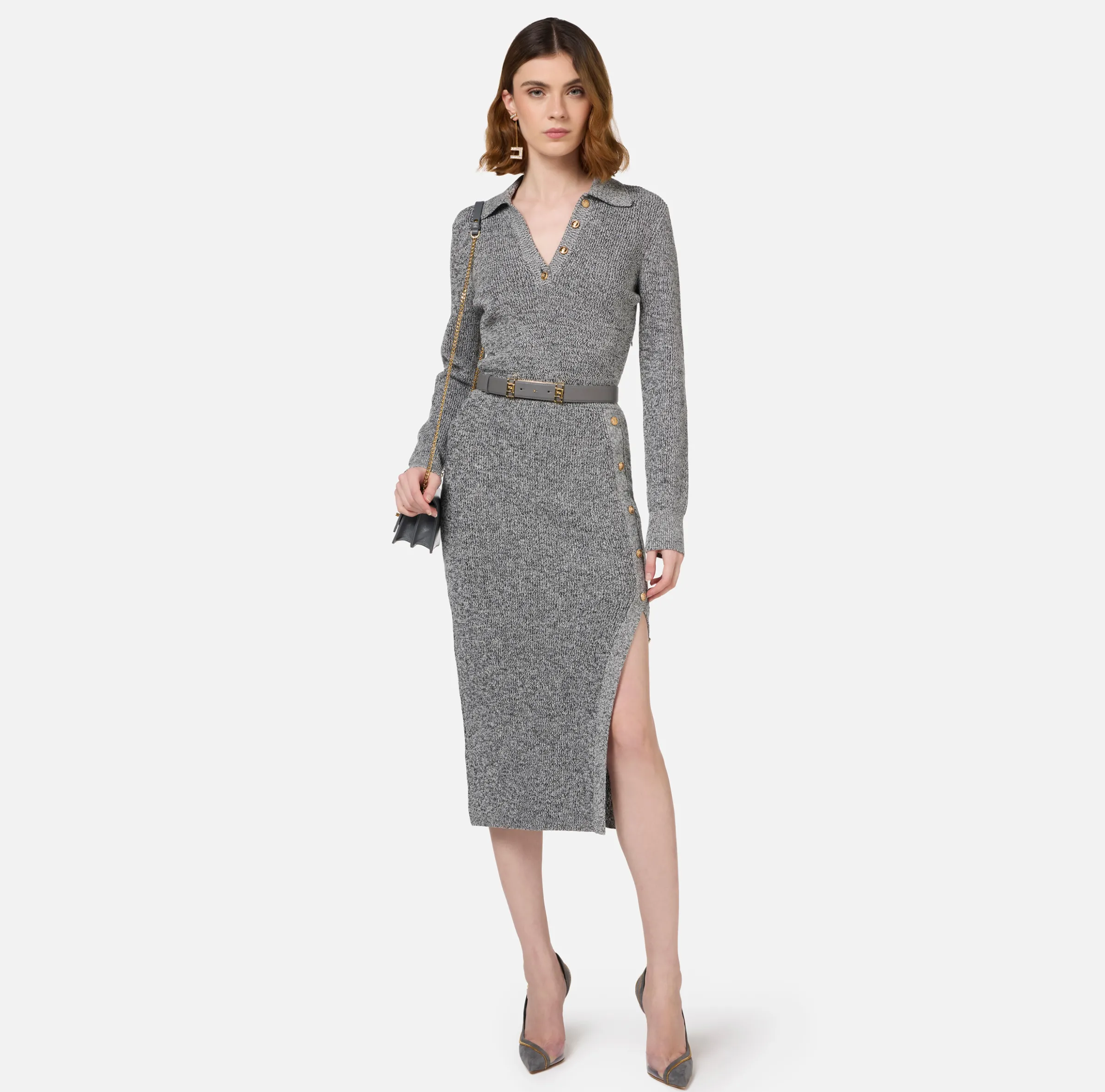Abito midi in lana mouliné con patch logo