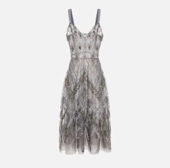 Abito midi in tulle con ricamo paillettes chevron