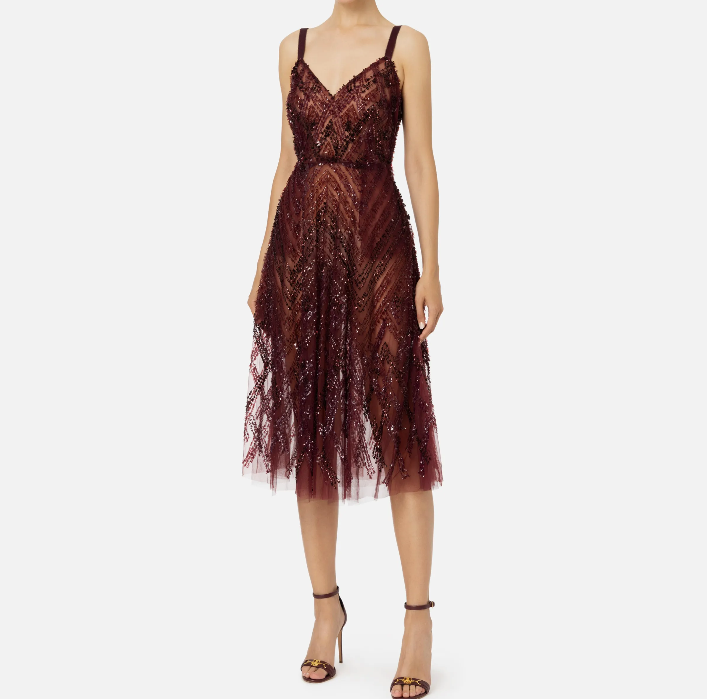 Abito midi in tulle con ricamo paillettes chevron