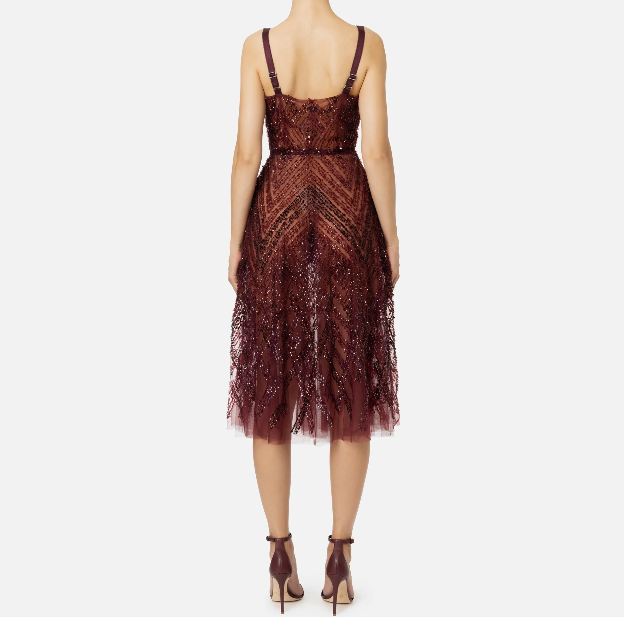 Abito midi in tulle con ricamo paillettes chevron