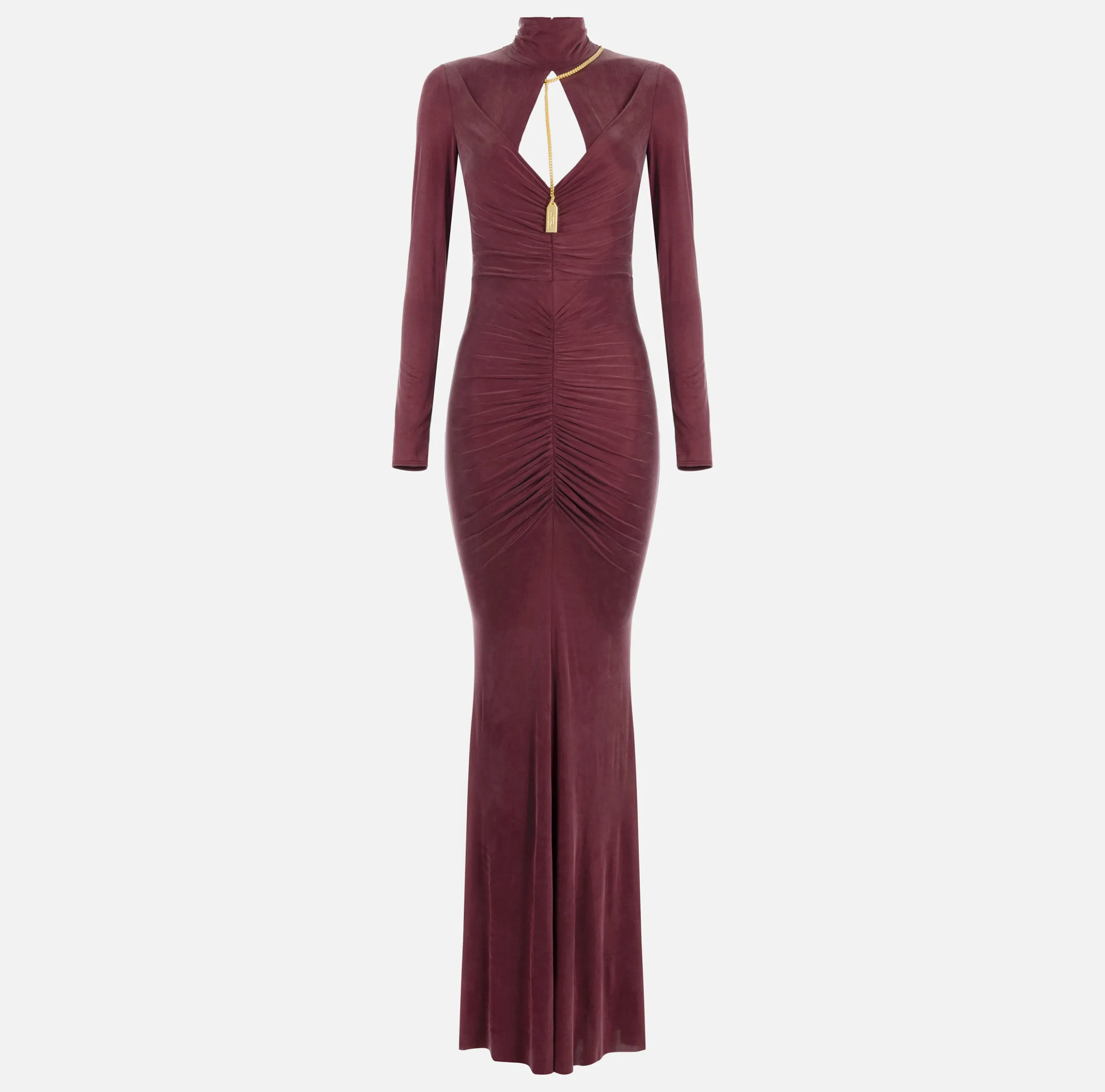 Abito red carpet in jersey drappeggiato con collana