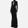 Abito red carpet in jersey drappeggiato con collana