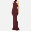Abito red carpet in jersey con collana sulla schiena