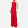 Abito red carpet in jersey con drappeggio e placca logo