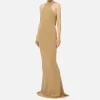 Abito red carpet in jersey con collana sulla schiena