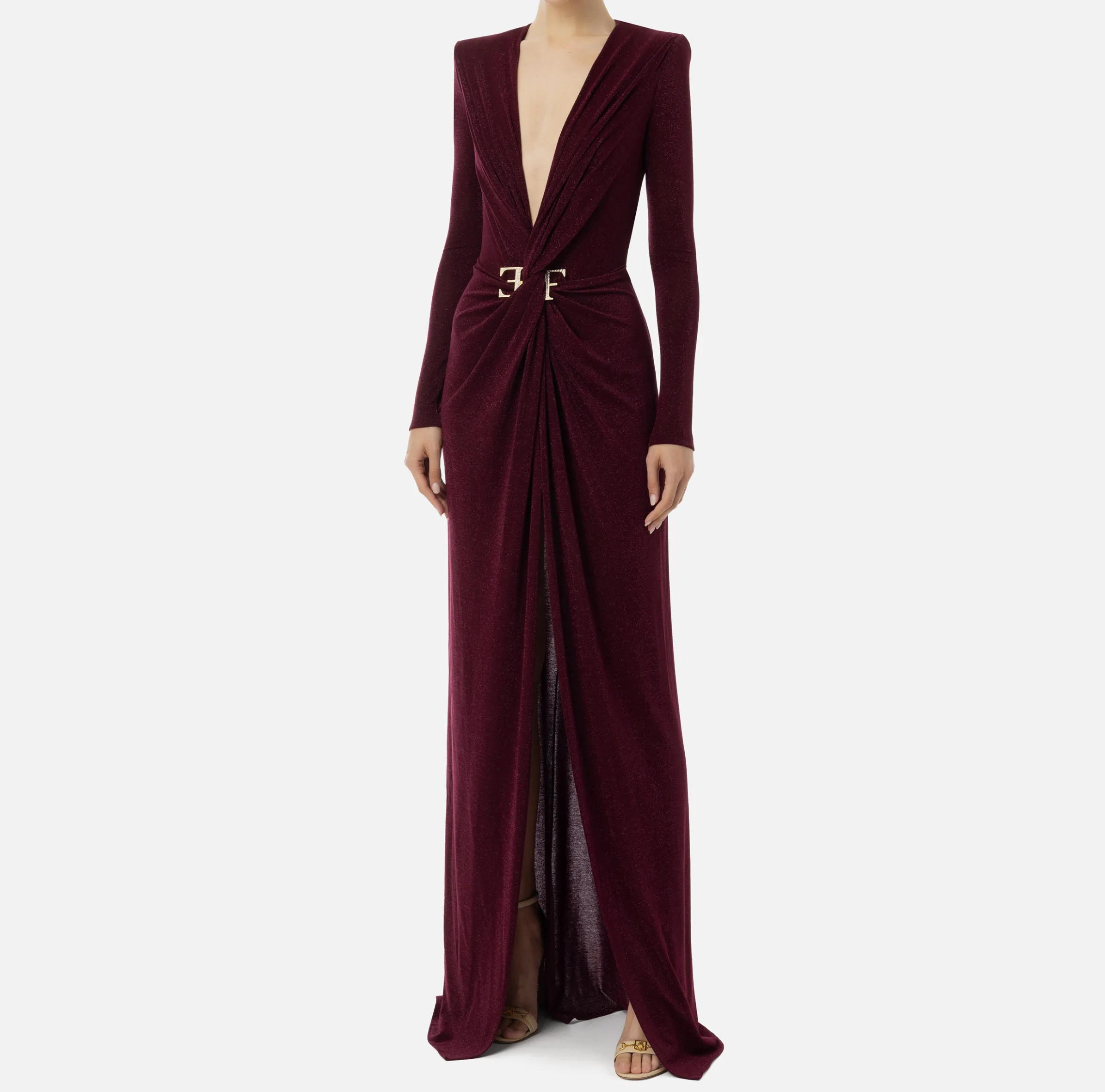 Abito red carpet in jersey lurex con nodo e accessorio logo