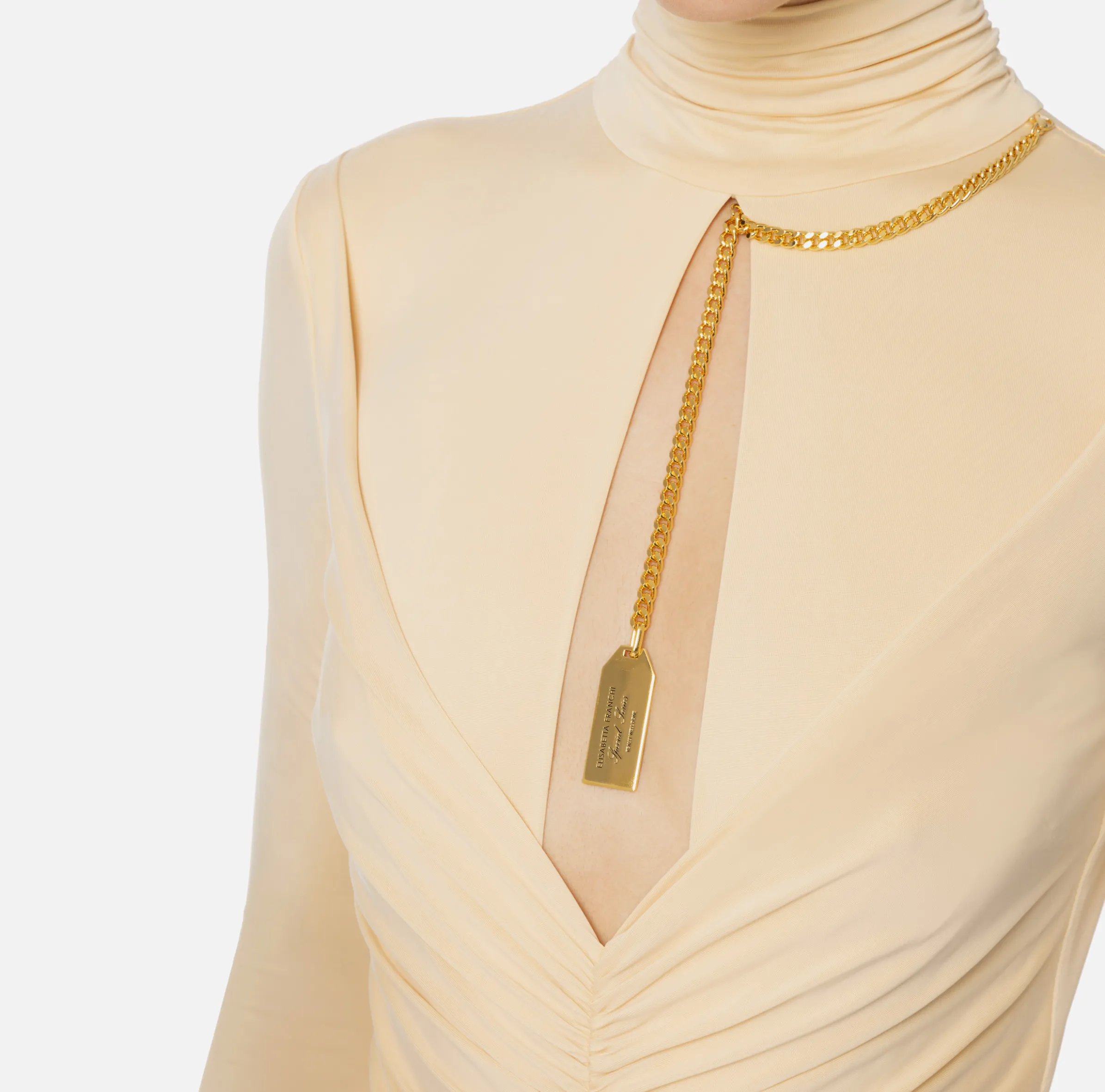 Abito red carpet in jersey drappeggiato con collana