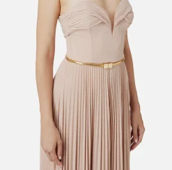 Abito red carpet in jersey lurex plissettato con cintura