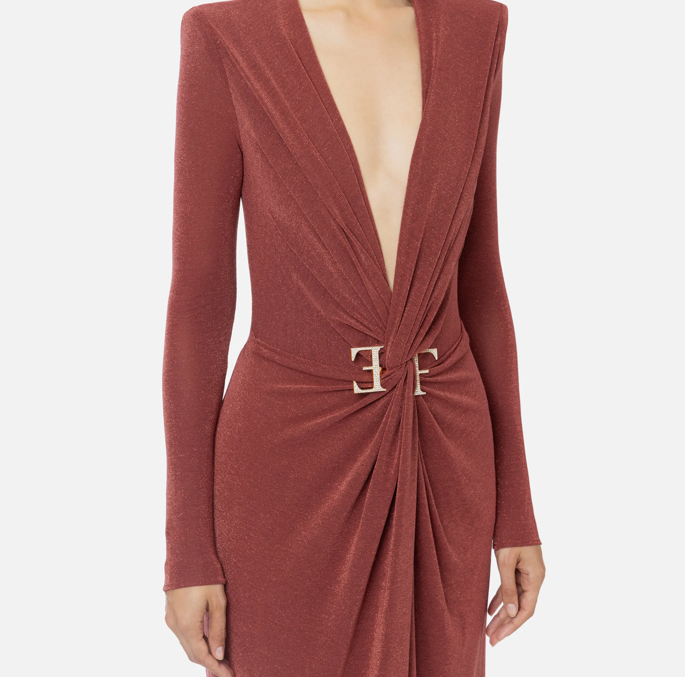 Abito red carpet in jersey lurex con nodo e accessorio logo