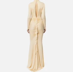 Abito red carpet in jersey drappeggiato con collana