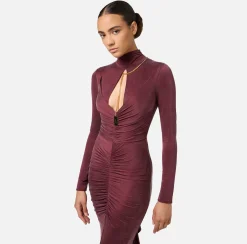 Abito red carpet in jersey drappeggiato con collana
