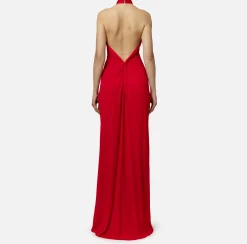 Abito red carpet in jersey con drappeggio e placca logo