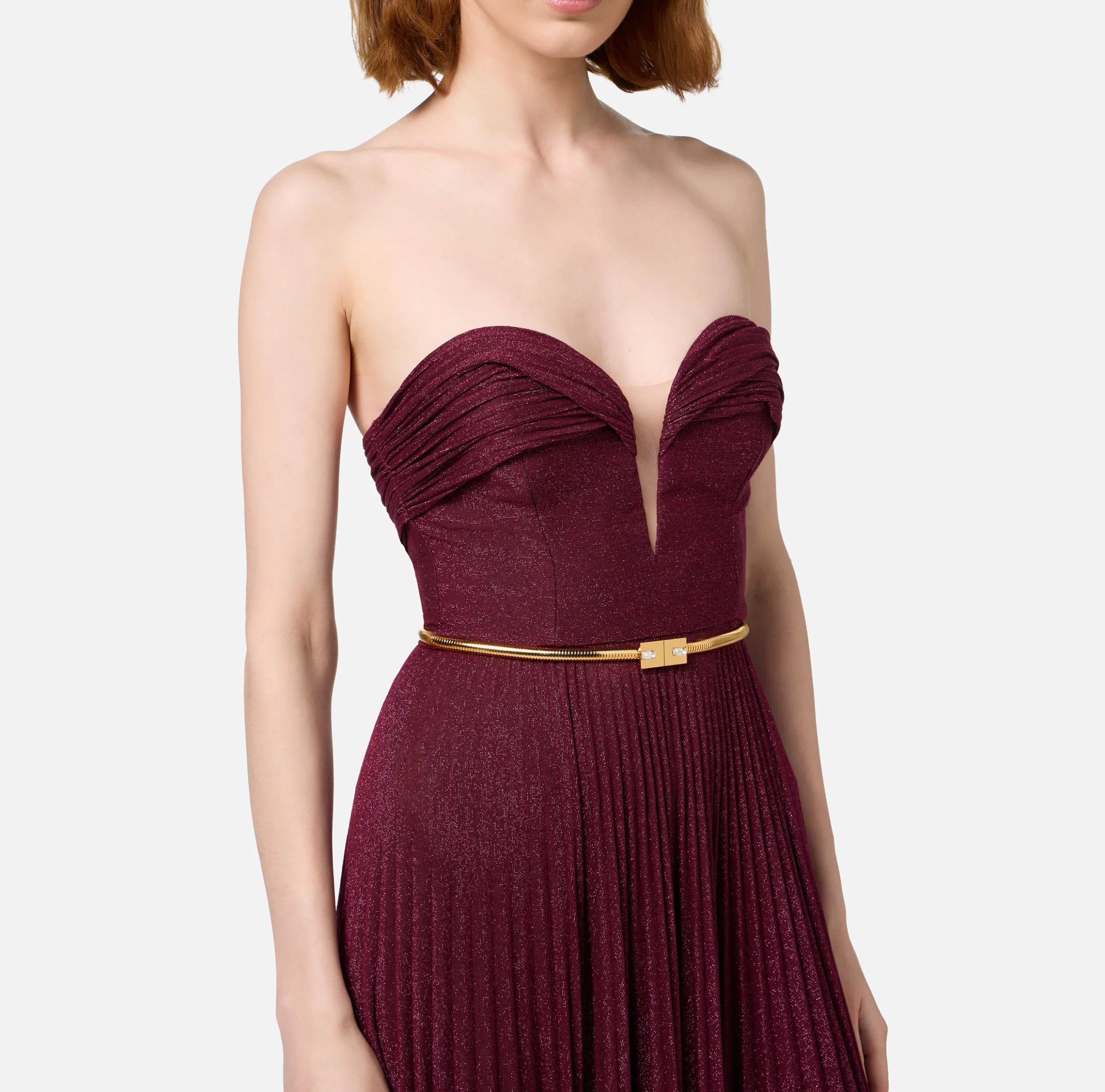Abito red carpet in jersey lurex plissettato con cintura