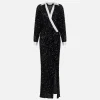 Abito red carpet in paillettes con inserti in raso