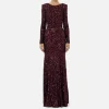 Abito red carpet in paillettes con catena e strass