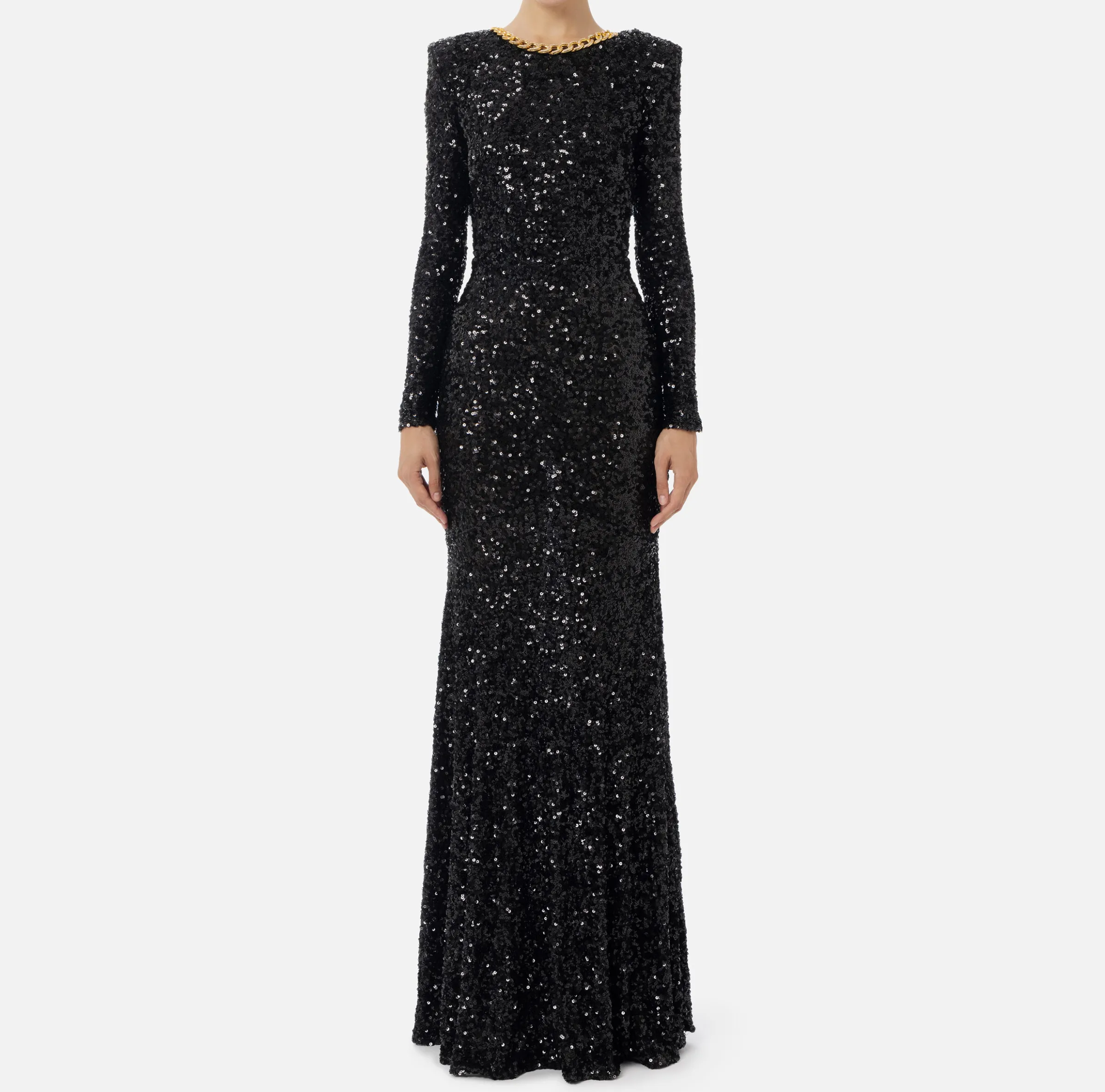 Abito red carpet in paillettes con catena e strass