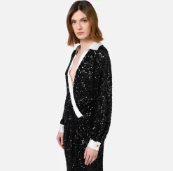 Abito red carpet in paillettes con inserti in raso