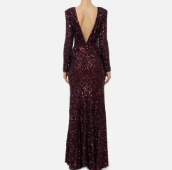 Abito red carpet in paillettes con catena e strass