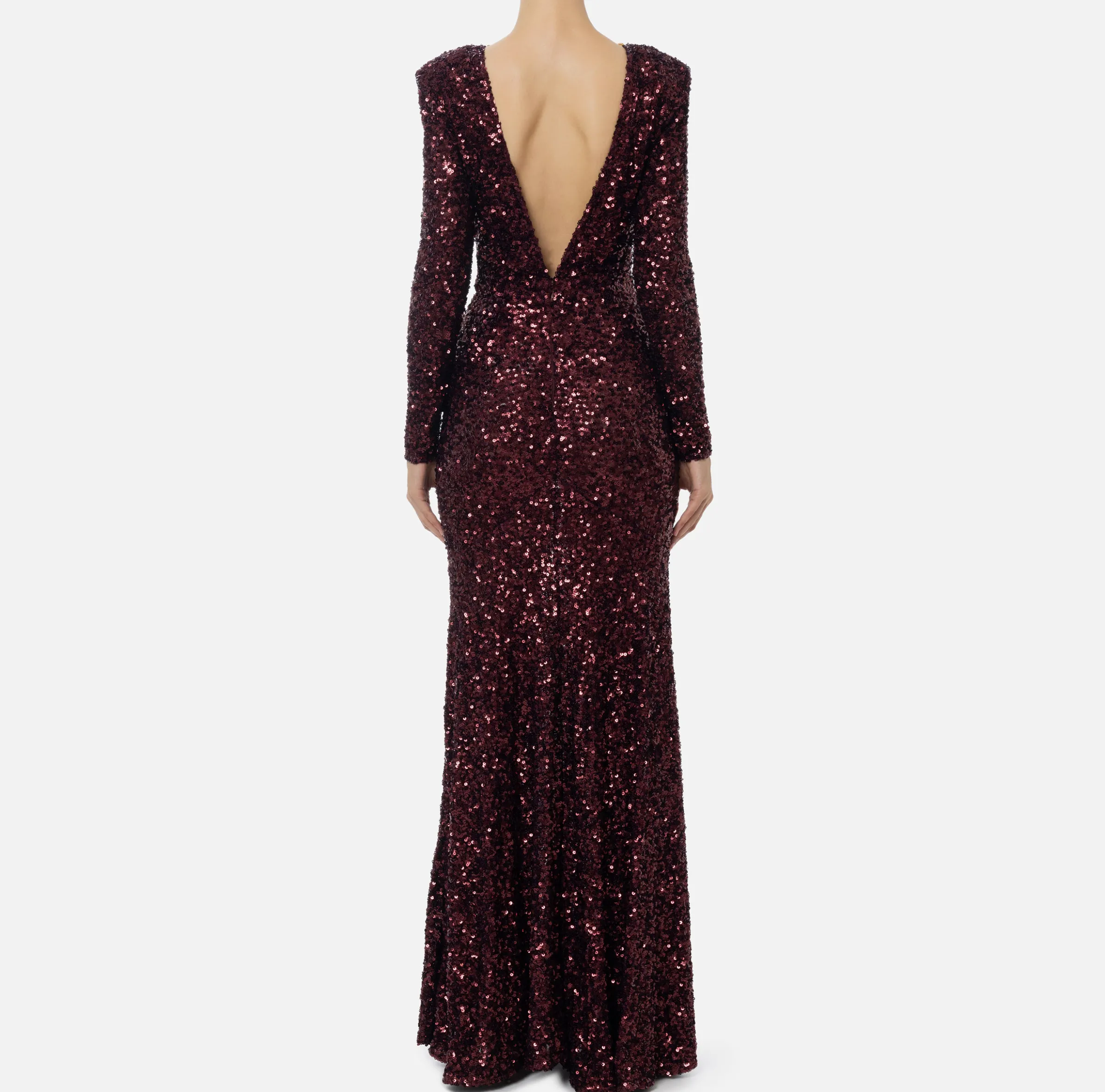 Abito red carpet in paillettes con catena e strass