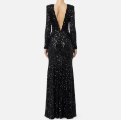 Abito red carpet in paillettes con catena e strass