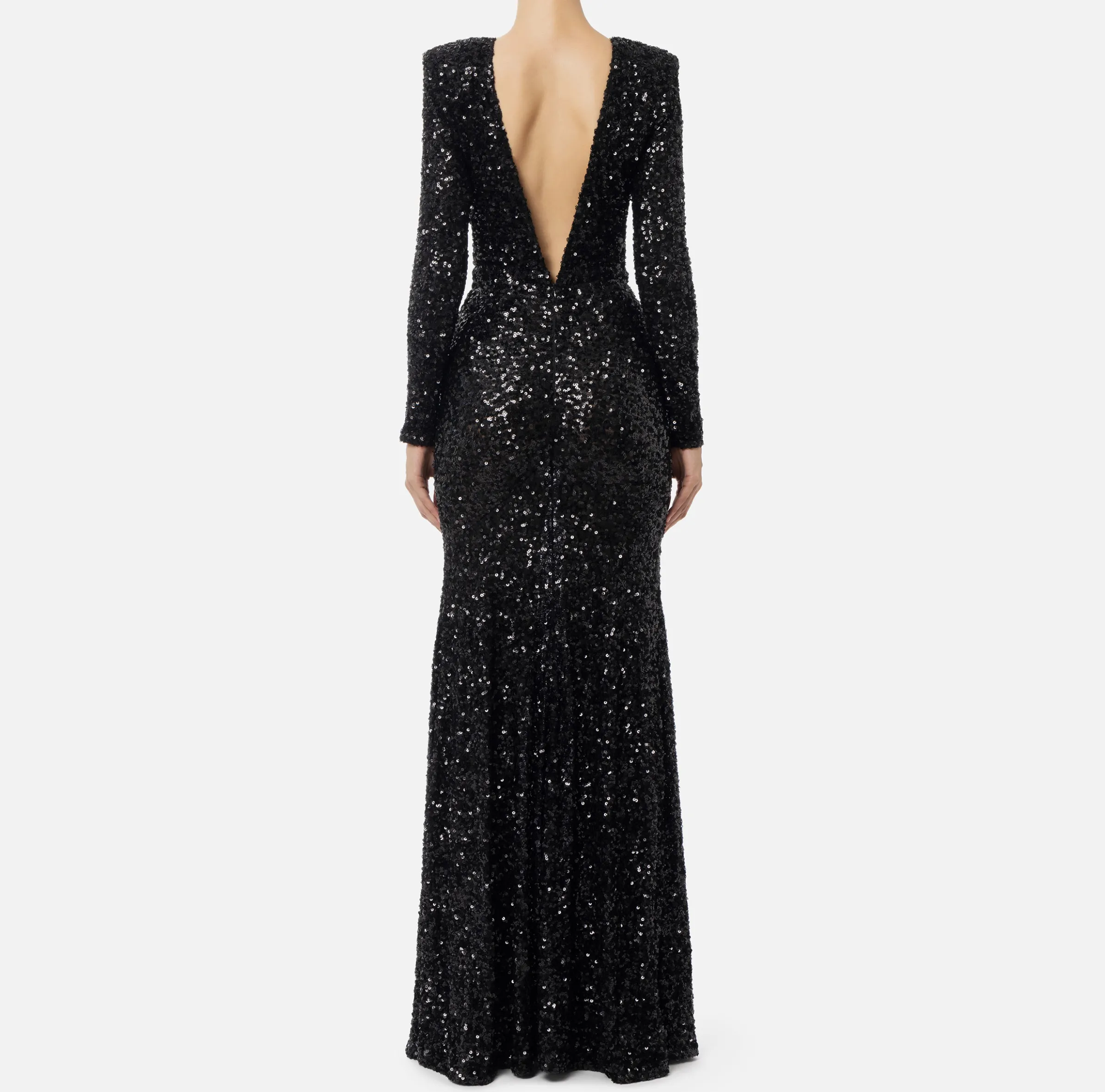 Abito red carpet in paillettes con catena e strass