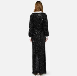 Abito red carpet in paillettes con inserti in raso