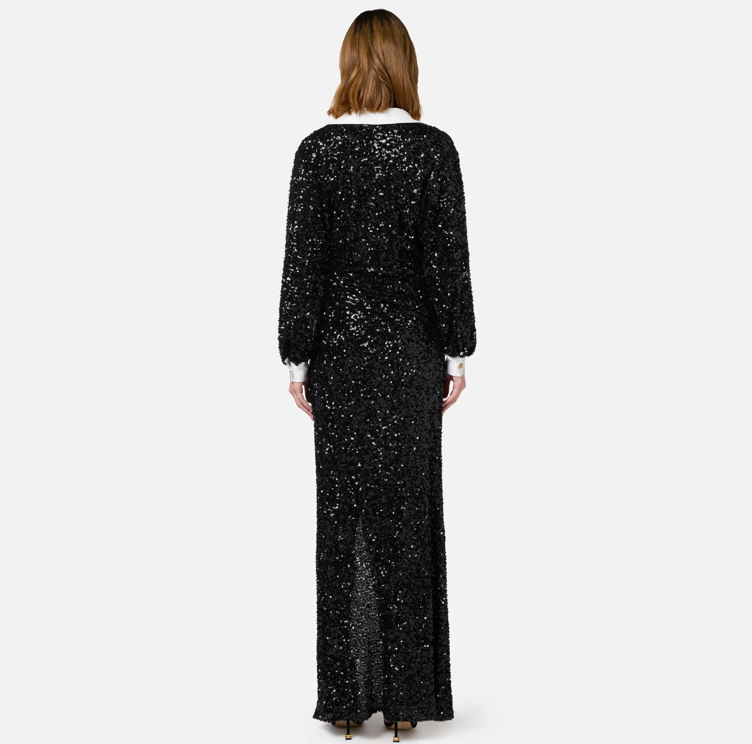 Abito red carpet in paillettes con inserti in raso