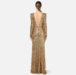 Abito red carpet in paillettes con catena e strass