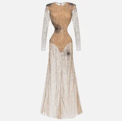 Abito red carpet in tulle stretch ricamato con paillettes fireworks