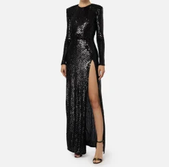Abito red carpet in tulle ricamato con paillettes con cut-out