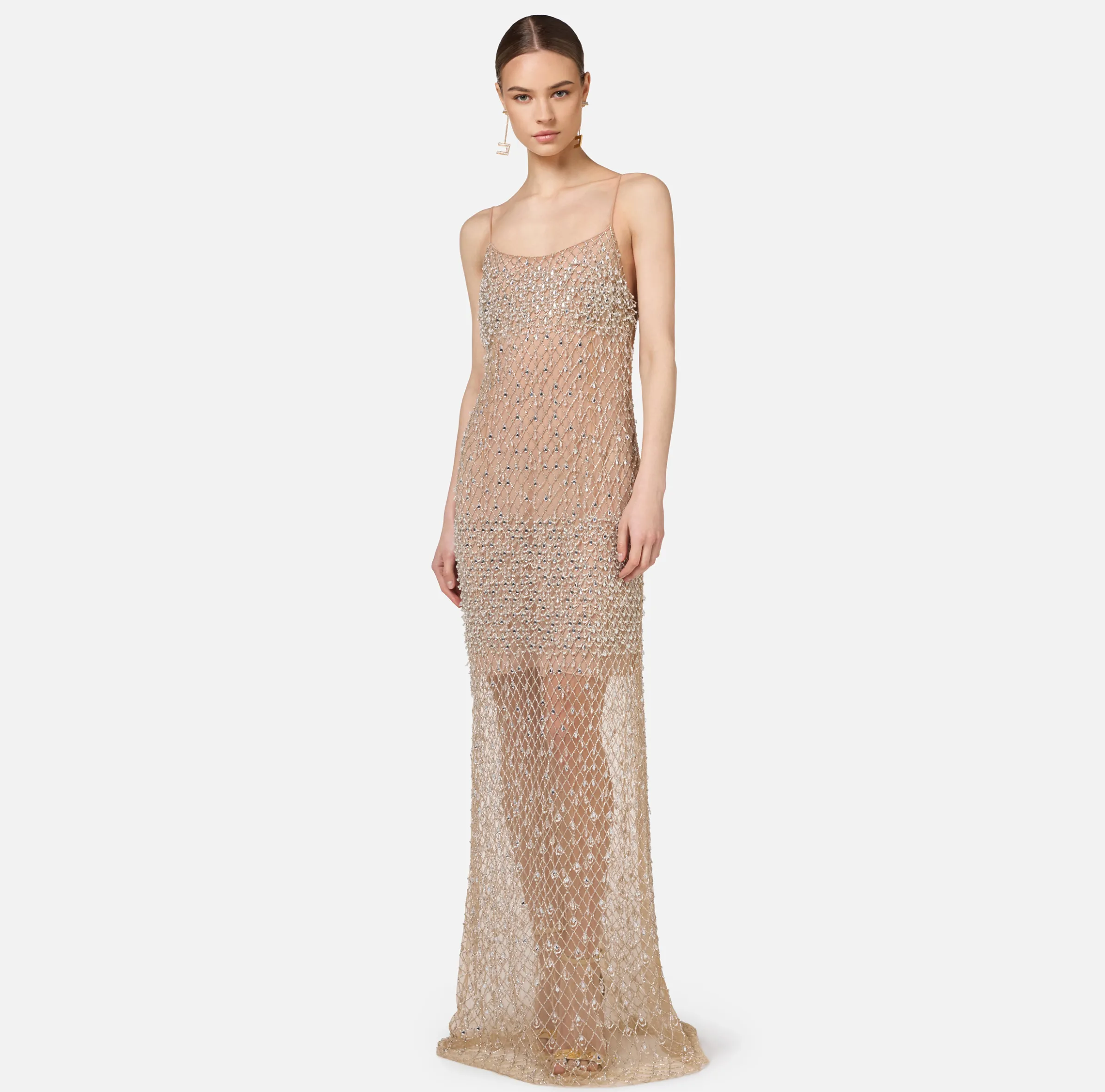 Abito red carpet in tulle ricamato con paillettes disegno losanga