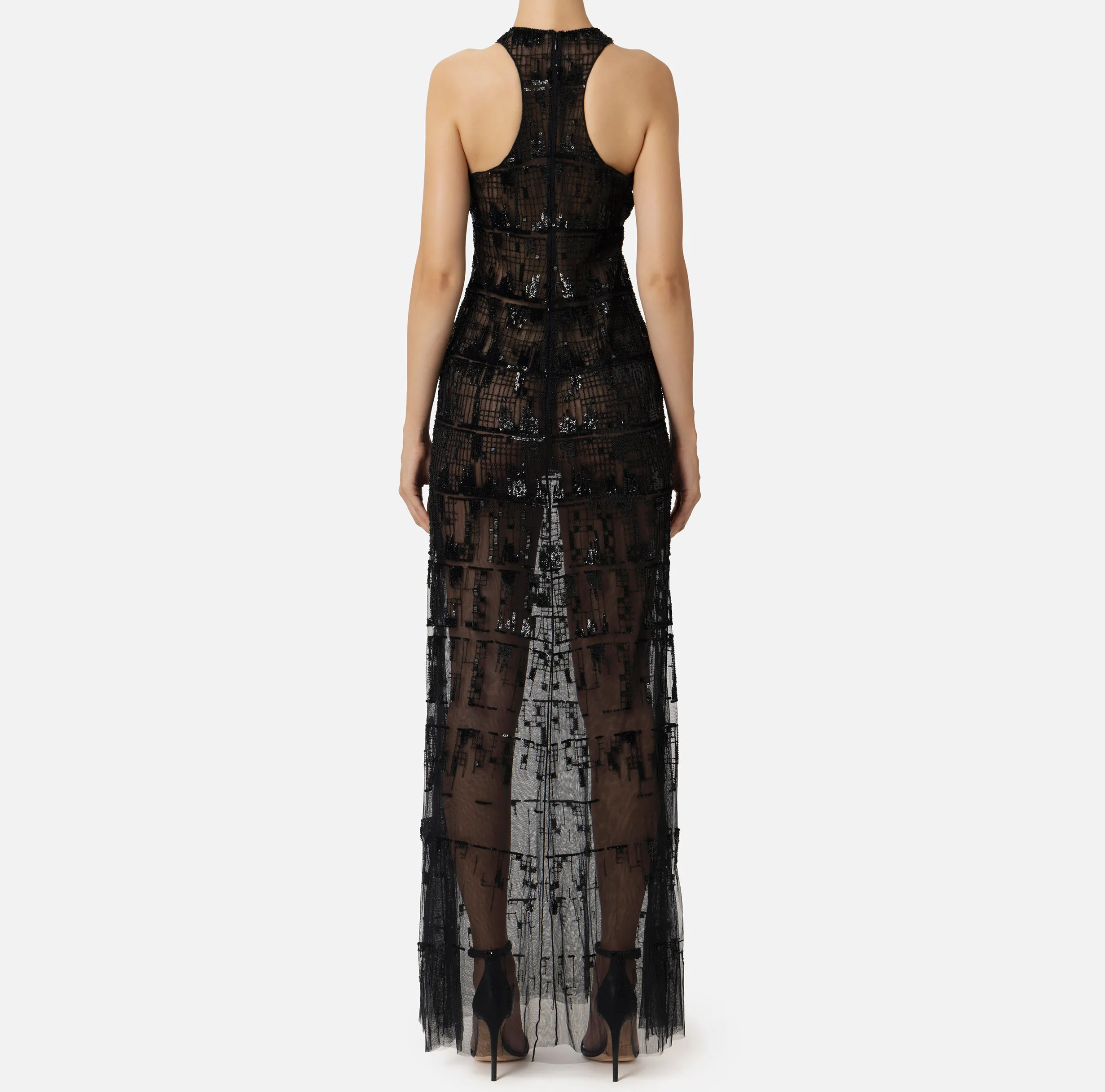 Abito red carpet in tulle ricamato con paillettes pixel