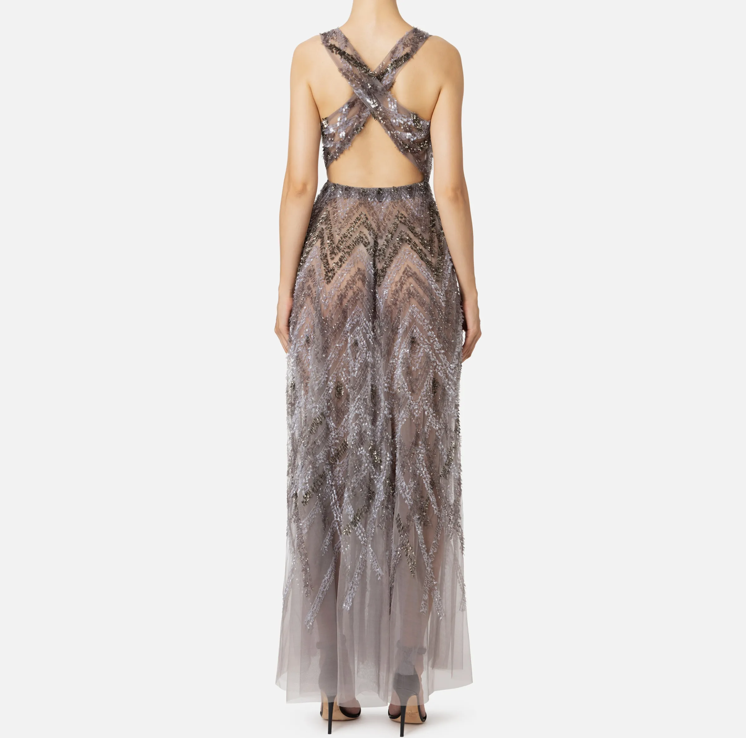 Abito red carpet in tulle con ricamo paillettes chevron