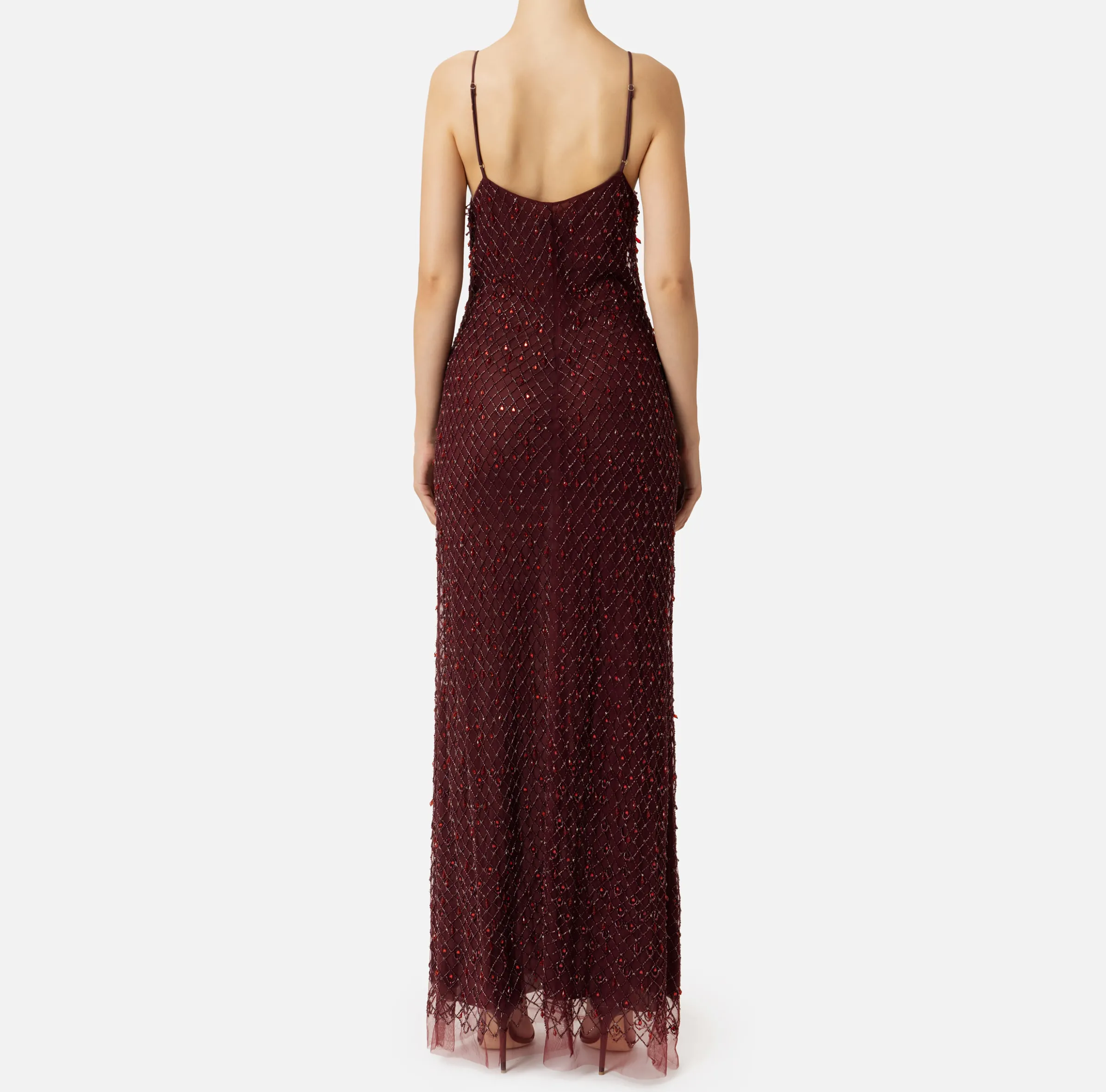 Abito red carpet in tulle ricamato con paillettes disegno losanga