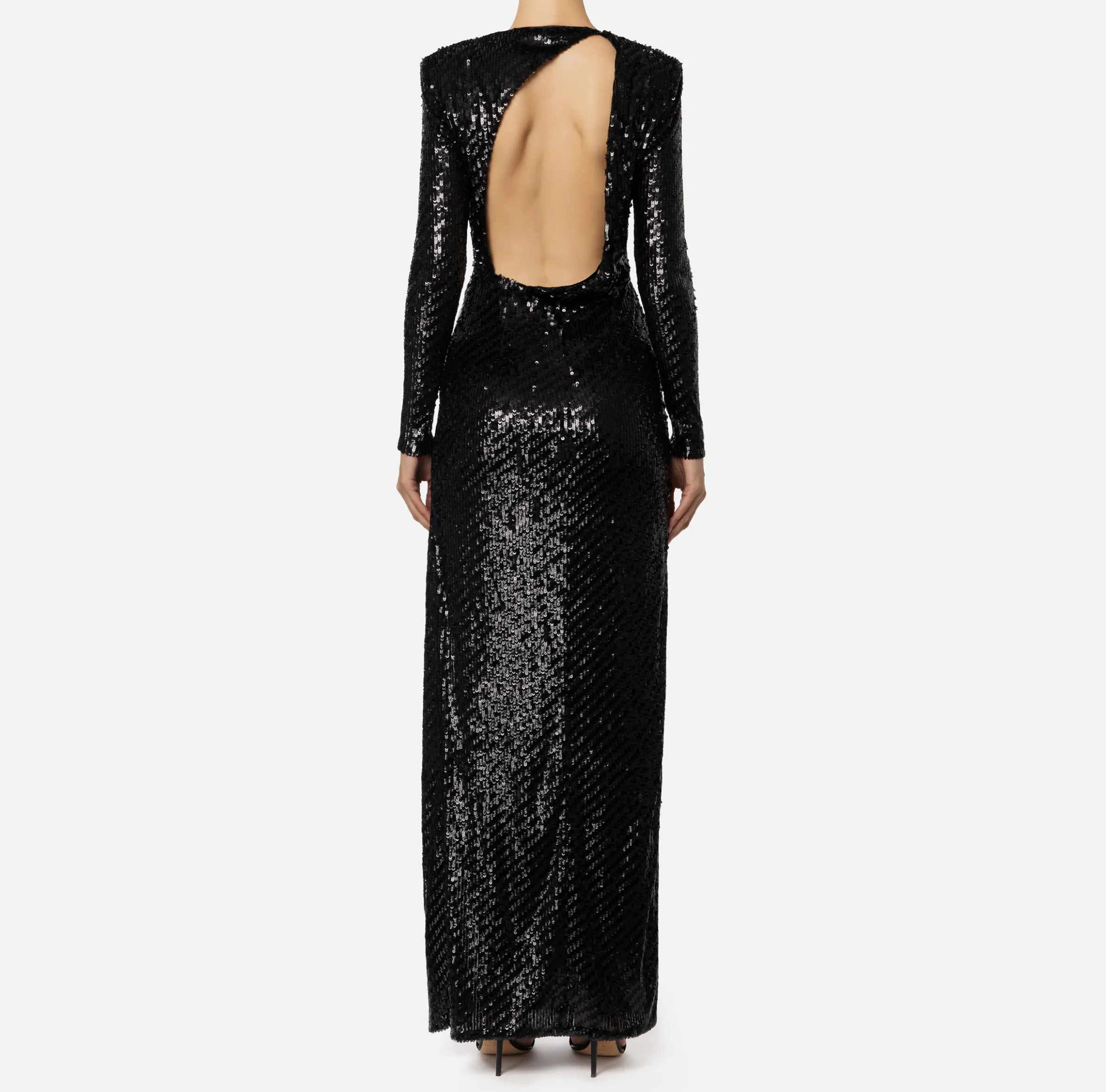 Abito red carpet in tulle ricamato con paillettes con cut-out